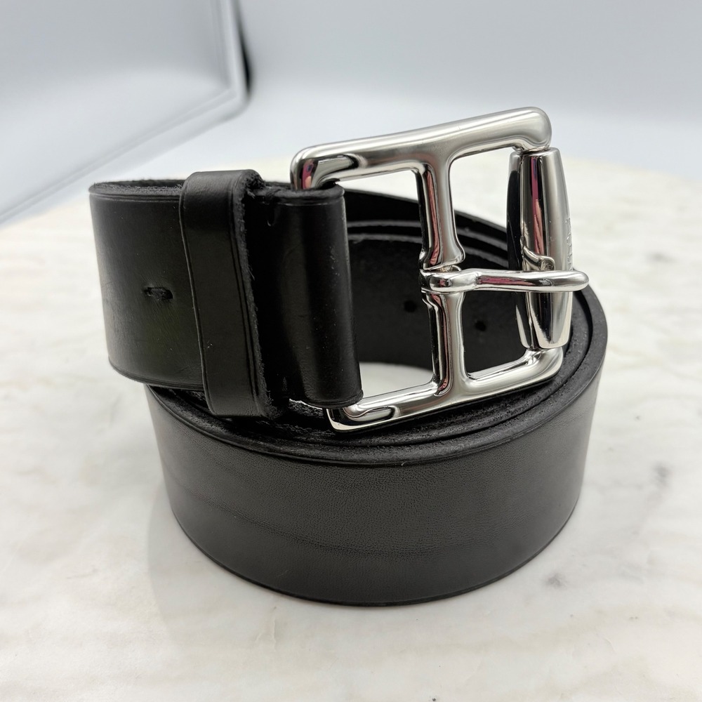 Polo Ralph Lauren Leather Belt Womens XL Black Silver Roller Buckle Classic CBK - Picture 6 of 12